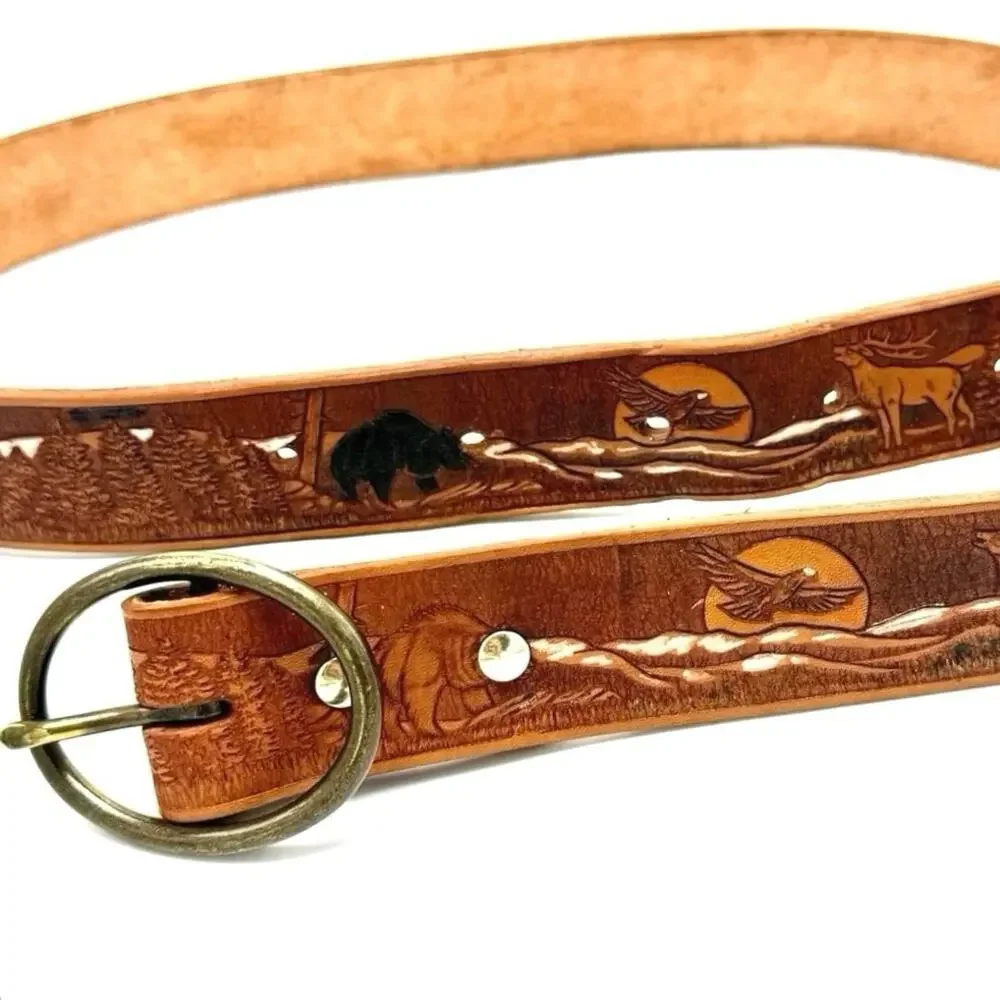Tooled Leather Western Belt 42 Elk Bear Eagle Wildlife Nature Scene Oval Buckle